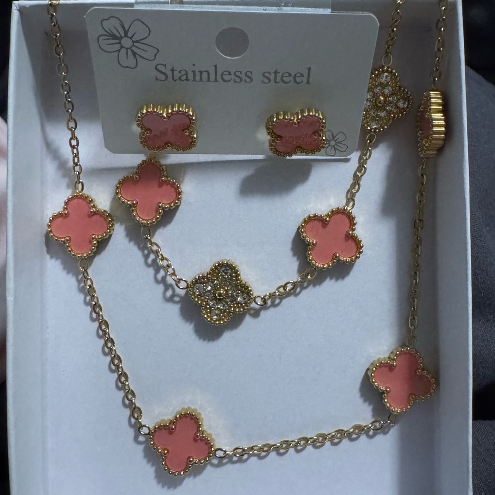 Gold and Pink Stainless Steel Jewelry Necklace, Bracelet, Earrings Set